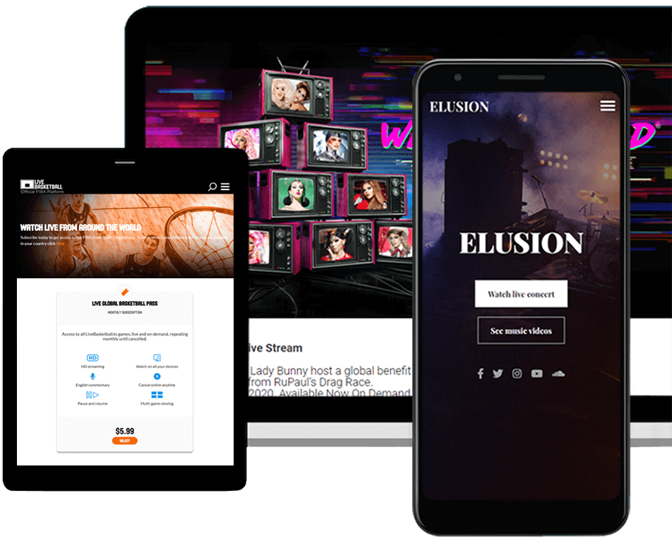 Pay per view and video subscription platform templates on desktop, mobile, and tablet devices